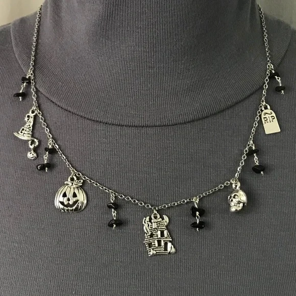 “All Hallows Eve" Handmade Silver Halloween Charm Necklace Haunted House Pumpkin - Picture 7 of 15
